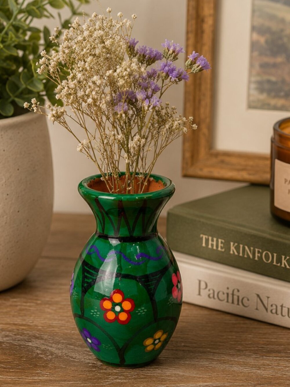 Hand Painted Folk Art Bud Vase – Green Floral Ceramic Vase